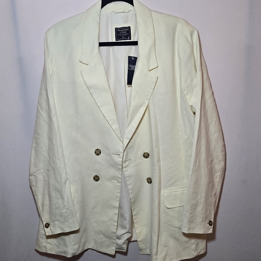 NWT Abercrombie and Fitch Cream Linen Cotton Blazer Double Breasted Work, sz XL